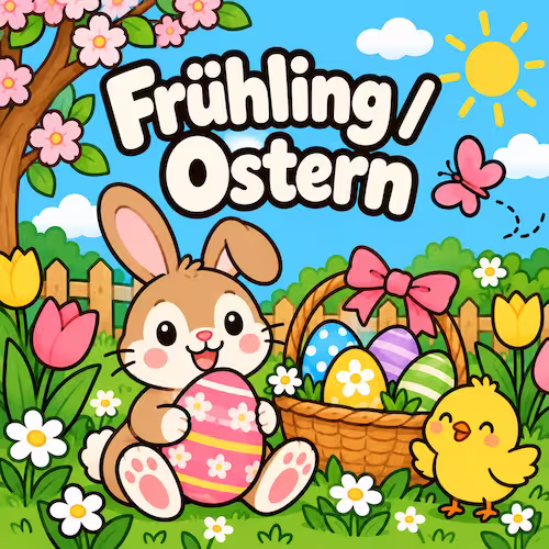 Kostenlose Ausmalbilder zum Ausdrucken für Kinder & Erwachsene 6 Kategoriebild Frühling und Ostern mit Osterhase, Küken, Ostereiern und Blumen