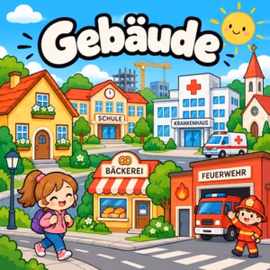 Kostenlose Ausmalbilder zum Ausdrucken für Kinder & Erwachsene 16 Kategoriebild Gebäude mit Haus, Schule, Krankenhaus, Kirche, Bäckerei und Feuerwehr