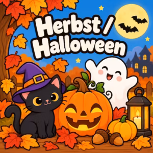 Kostenlose Ausmalbilder zum Ausdrucken für Kinder & Erwachsene 8 Kategoriebild Herbst und Halloween mit Kürbis, Geist, schwarzer Katze und Herbstlaub
