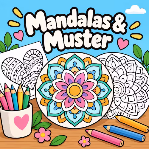 Kostenlose Ausmalbilder zum Ausdrucken für Kinder & Erwachsene 22 Kategoriebild Mandalas & Muster mit buntem Mandala, Ausmalvorlagen und Stiften