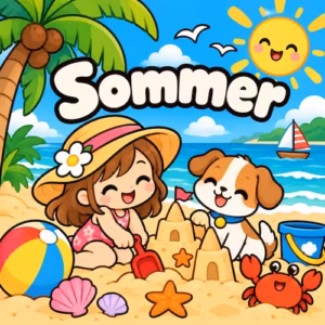 Kostenlose Ausmalbilder zum Ausdrucken für Kinder & Erwachsene 7 Kategoriebild Sommer mit Strand, Sandburg, Kind, Hund und Beachball