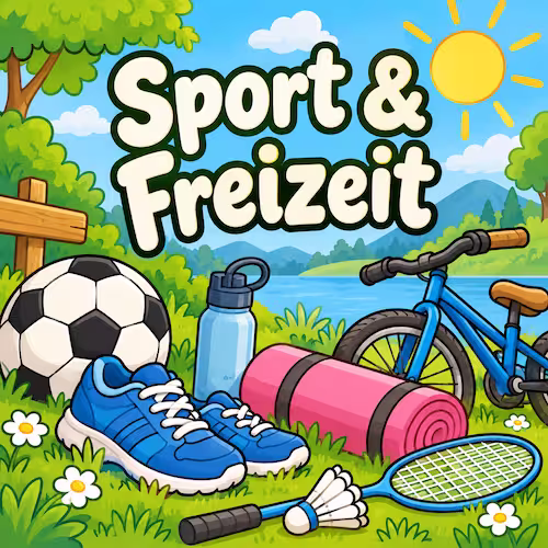 Kostenlose Ausmalbilder zum Ausdrucken für Kinder & Erwachsene 18 Kategoriebild Sport & Freizeit mit Fußball, Fahrrad, Sportschuhen und Badmintonschläger