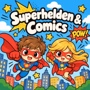 Kostenlose Ausmalbilder zum Ausdrucken für Kinder & Erwachsene 12 Kategoriebild Superhelden & Comics mit zwei fliegenden Superhelden über einer Stadt