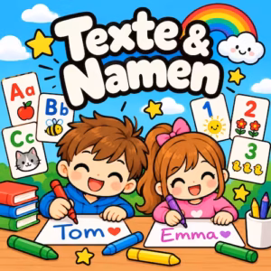 Kostenlose Ausmalbilder zum Ausdrucken für Kinder & Erwachsene 13 Kategoriebild Texte & Namen mit Kindern, Buchstaben, Zahlen und geschriebenen Namen