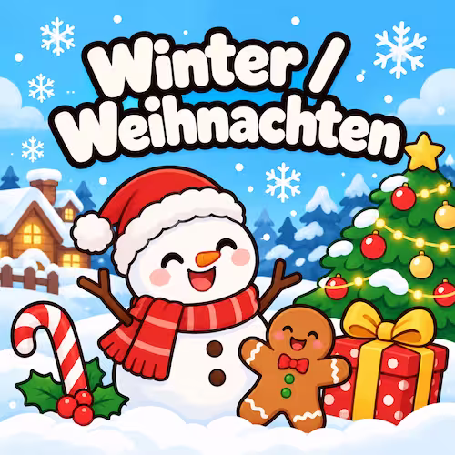Kostenlose Ausmalbilder zum Ausdrucken für Kinder & Erwachsene 9 Kategoriebild Winter und Weihnachten mit Schneemann, Weihnachtsbaum, Geschenk und Lebkuchen
