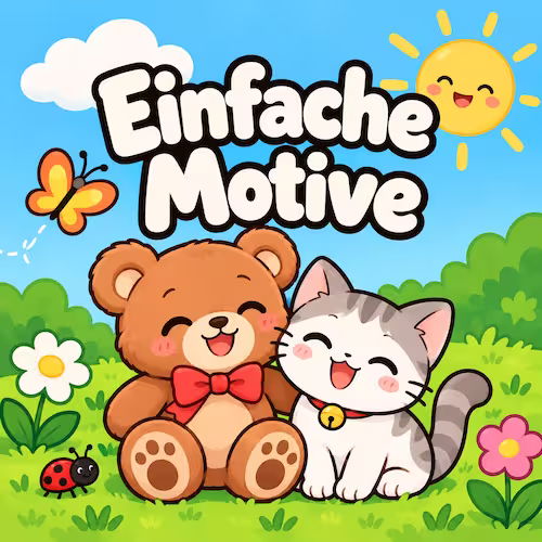 Kostenlose Ausmalbilder zum Ausdrucken für Kinder & Erwachsene 25 Kategoriebild Einfache Motive mit Teddybär, Katze, Schmetterling und Blumen