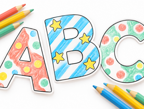 Bunte Druckbuchstaben A, B und C mit Punkten, Streifen und Sternen neben Farbstiften.