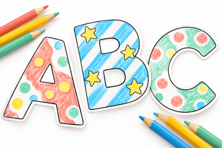 Bunte Druckbuchstaben A, B und C mit Punkten, Streifen und Sternen neben Farbstiften.