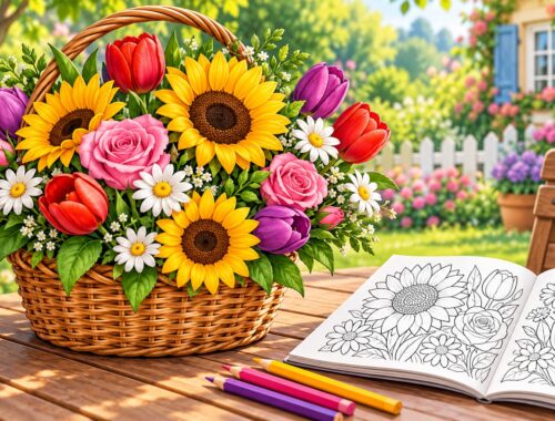 Blumenkorb mit Sonnenblumen, Rosen, Tulpen und Margeriten neben einem Malbuch und Buntstiften im Garten.