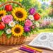 Blumenkorb mit Sonnenblumen, Rosen, Tulpen und Margeriten neben einem Malbuch und Buntstiften im Garten.
