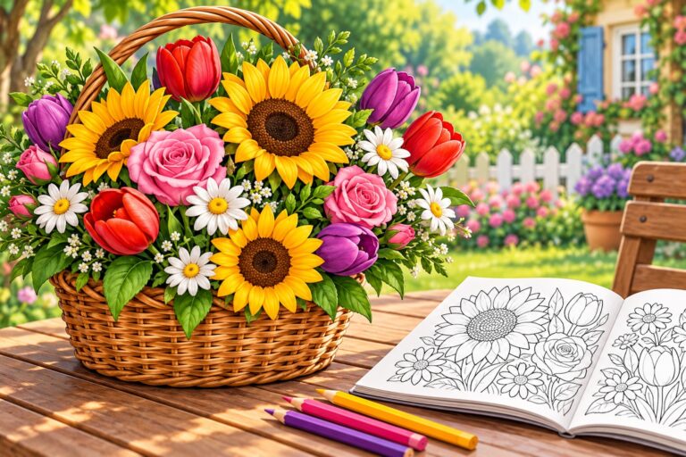 Blumenkorb mit Sonnenblumen, Rosen, Tulpen und Margeriten neben einem Malbuch und Buntstiften im Garten.
