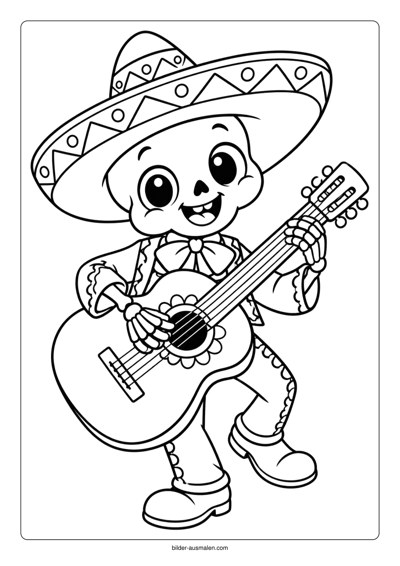 Día de los Muertos: Ausmalbilder für Kinder 3 Skelettmusikant mit Gitarre