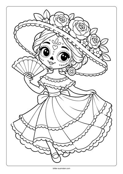 Día de los Muertos: Ausmalbilder für Kinder 4 Catrina mit Fächer