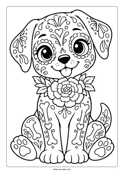 Día de los Muertos: Ausmalbilder für Kinder 6 Día-de-los-Muertos-Hund mit Ringelblume
