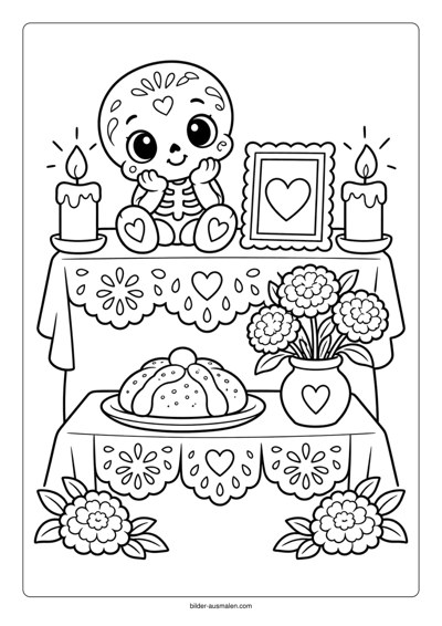 Día de los Muertos: Ausmalbilder für Kinder 7 Ofrenda mit Herzbild und Kerzen