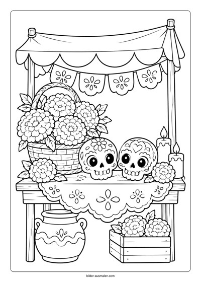 Día de los Muertos: Ausmalbilder für Kinder 8 Marktstand mit Zuckerschädeln