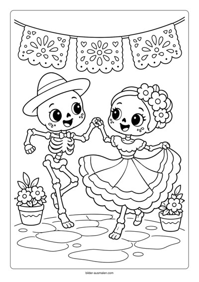 Día de los Muertos: Ausmalbilder für Kinder 9 Tanzendes Skelettpaar
