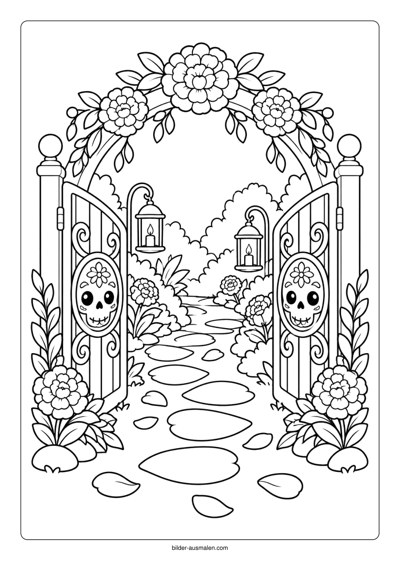 Día de los Muertos: Ausmalbilder für Kinder 10 Tor zum Erinnerungsgarten