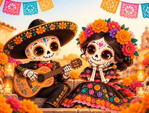 Niedlicher Skelettmusikant mit Gitarre und Catrina mit Blumenkranz zwischen Ringelblumen und bunten Papiergirlanden.