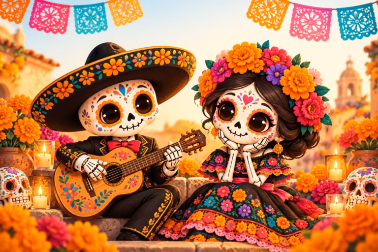 Niedlicher Skelettmusikant mit Gitarre und Catrina mit Blumenkranz zwischen Ringelblumen und bunten Papiergirlanden.