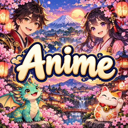 Schriftzug „Anime“ mit fröhlichen Anime-Figuren, kleinem Drachen und japanisch inspirierten Motiven.