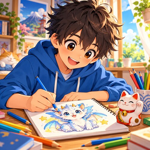 Kostenlose Ausmalbilder zum Ausdrucken für Kinder & Erwachsene 6 Anime-Junge zeichnet eine kleine Fantasiefigur mit Buntstiften am Schreibtisch.