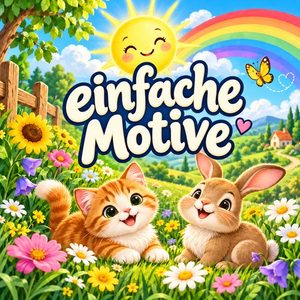 Schriftzug „einfache Motive“ mit Sonne, Regenbogen, Blumen, Kätzchen und Hase.