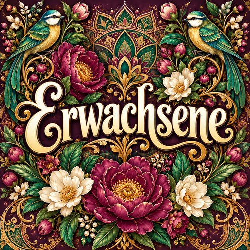 Schriftzug „Erwachsene“ mit detailreichen Blüten, Vögeln, Blättern und goldenen Ornamenten.
