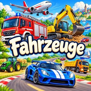 Schriftzug „Fahrzeuge“ mit Feuerwehrauto, Bagger, Sportwagen, Flugzeug und weiteren Fahrzeugen.