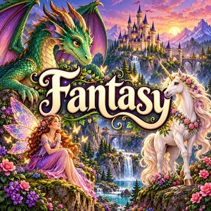 Schriftzug „Fantasy“ mit Drache, Einhorn, Fee und Zauberschloss in einer magischen Landschaft.
