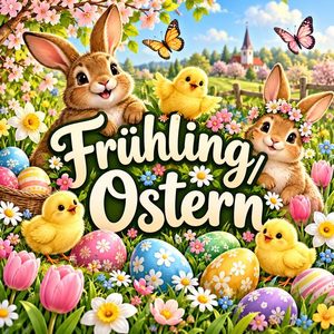 Schriftzug „Frühling/Ostern“ mit Osterhasen, Küken, bunten Ostereiern und Frühlingsblumen.
