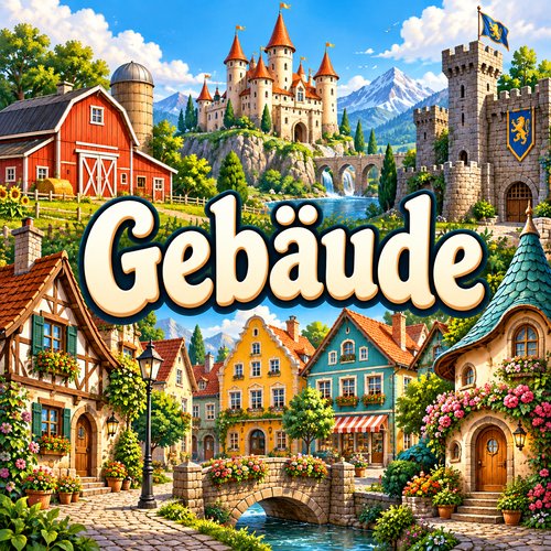 Schriftzug „Gebäude“ mit bunten Häusern, Schloss, Burg, Bauernhof und fantasievoller Architektur.