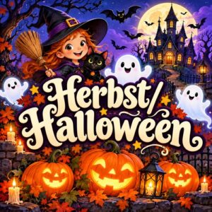 Schriftzug „Herbst/Halloween“ mit freundlicher Hexe, schwarzer Katze, Gespenstern, Kürbissen, Herbstlaub und Spukhaus.