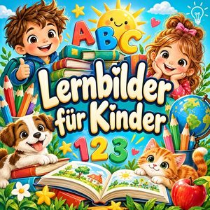 Schriftzug „Lernbilder für Kinder“ mit Buchstaben, Zahlen, Büchern, Buntstiften und fröhlichen Kindern.
