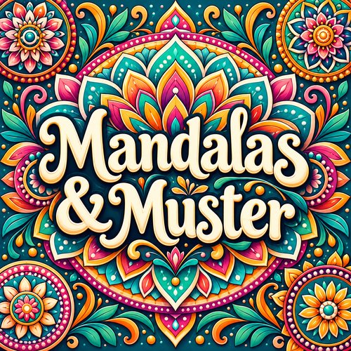 Schriftzug „Mandalas & Muster“ vor bunten Mandalas, Blütenornamenten und dekorativen Mustern.