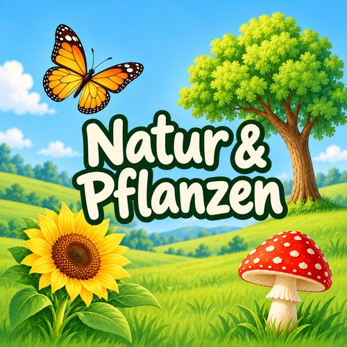 Kategoriebild Natur & Pflanzen mit Sonnenblume, Baum, Pilz und Schmetterling.