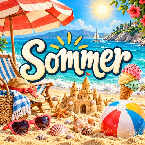 Schriftzug „Sommer“ mit Strand, Meer, Sandburg, Eis, Sonnenschirm und buntem Wasserball.
