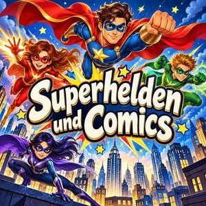Schriftzug „Superhelden und Comics“ mit fantasievollen Superhelden in dynamischen Flugszenen über einer Stadt.