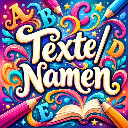 Schriftzug „Texte/Namen“ mit bunten Buchstaben, dekorativen Schwüngen, Stiften und offenem Buch.