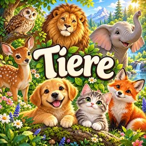 Schriftzug „Tiere“ mit Hund, Katze, Fuchs, Reh, Eule, Löwe und Elefant in einer grünen Landschaft.