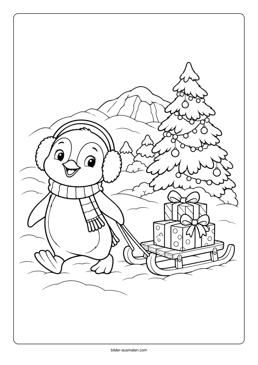 Weihnachtliche Tiere 4 – Pinguin mit Geschenkschlitten