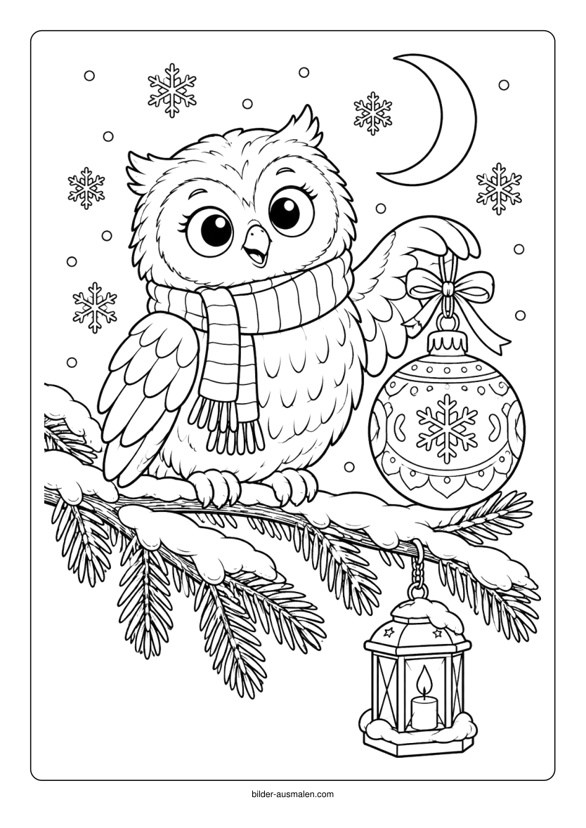 Weihnachtliche Tiere 5 – Eule mit Weihnachtskugel