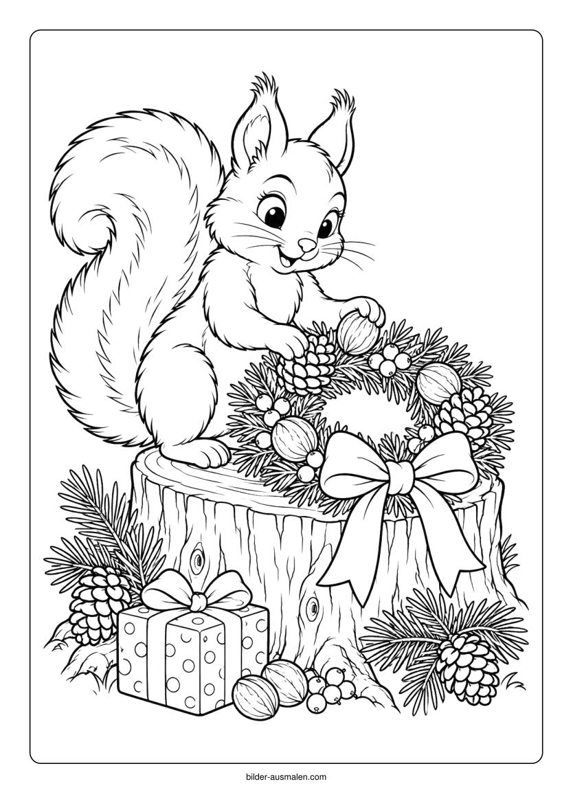 Weihnachtliche Tiere 6 – Eichhörnchen am Weihnachtskranz