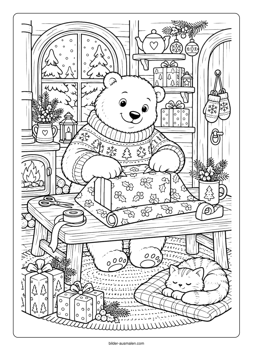 Weihnachtliche Tiere 7 – Eisbär beim Geschenkeverpacken