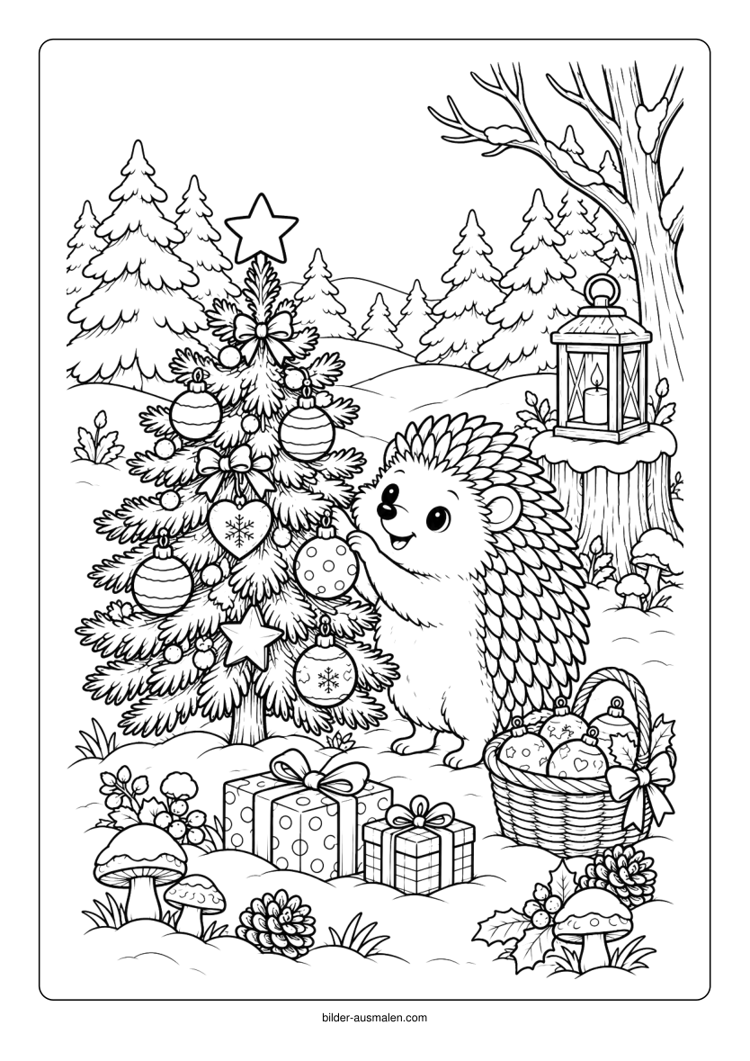 Weihnachtliche Tiere 8 – Igel schmückt den Weihnachtsbaum