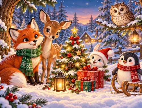 Fuchs mit Schal, Reh, Hase, Pinguin und Eule feiern im verschneiten Wald neben Weihnachtsbaum und Geschenken.