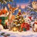 Fuchs mit Schal, Reh, Hase, Pinguin und Eule feiern im verschneiten Wald neben Weihnachtsbaum und Geschenken.