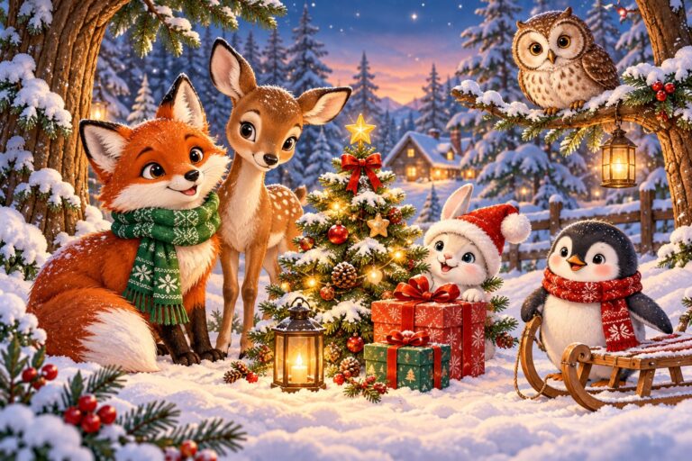 Fuchs mit Schal, Reh, Hase, Pinguin und Eule feiern im verschneiten Wald neben Weihnachtsbaum und Geschenken.