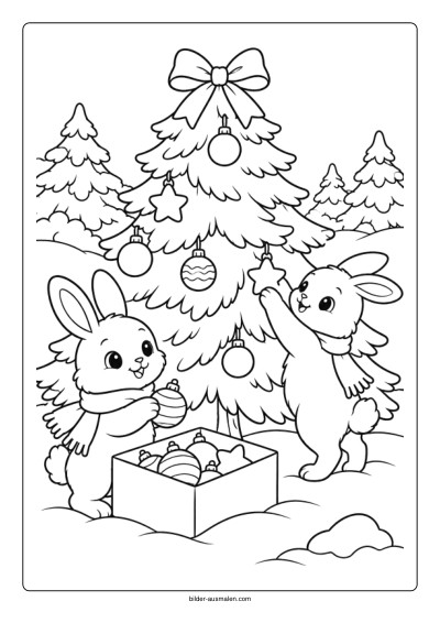 Hasen schmücken den Weihnachtsbaum