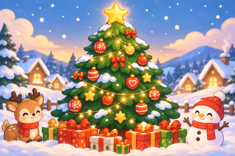 Weihnachtsbaum mit Weihnachtsschmuck, Geschenken, Rentier und Schneemann im Schnee